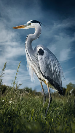 Grey heron, ardea cinerea, in a meadowの素材