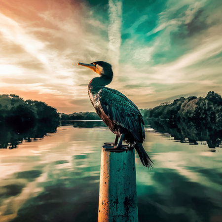 Great cormorant, Phalacrocorax carbo, standing peacefully on a pylon upon the lakeの素材