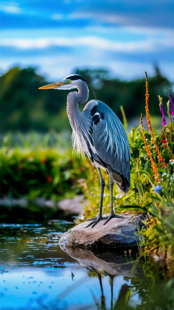 Grey heron, ardea cinerea, in a meadowの素材