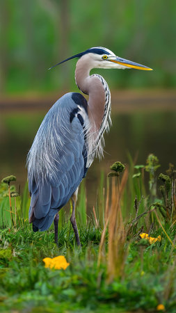 Grey heron, ardea cinerea, in a meadowの素材