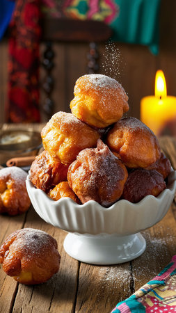 Homemade traditional Spanish bunuelo, fried dough ballsの素材