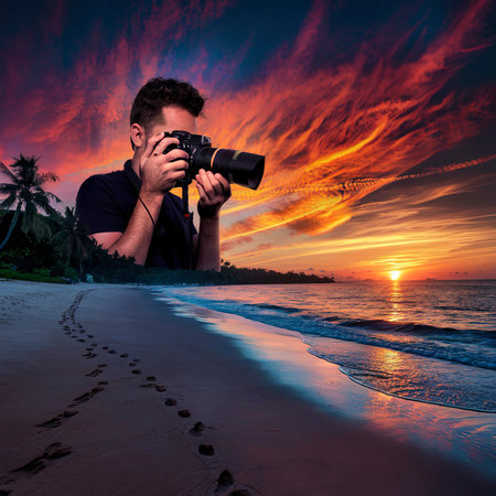 Man taking a picture of the sunset on the beachの素材