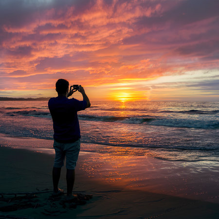 Man taking a picture of the sunset on the beachの素材