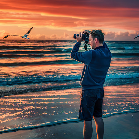 Man taking a picture of the sunset on the beachの素材
