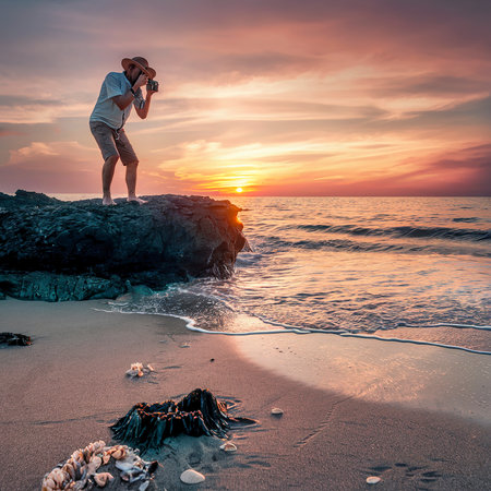 Man taking a picture of the sunset on the beachの素材