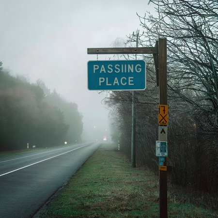 Passing place sign on a rural road in a misty dayの素材