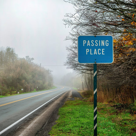 Passing place sign on a rural road in a misty dayの素材