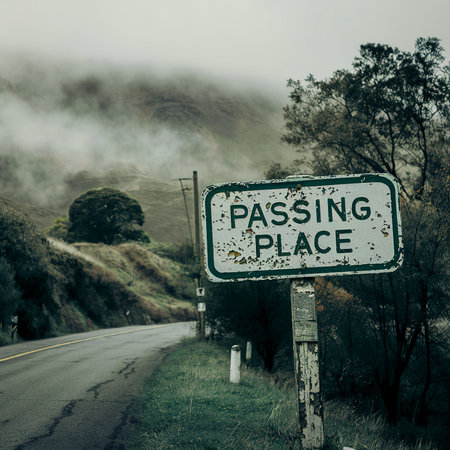 Passing place sign on a rural road in a misty dayの素材