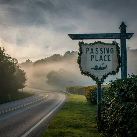 Passing place sign on a rural road in a misty dayの素材