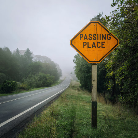 Passing place sign on a rural road in a misty dayの素材