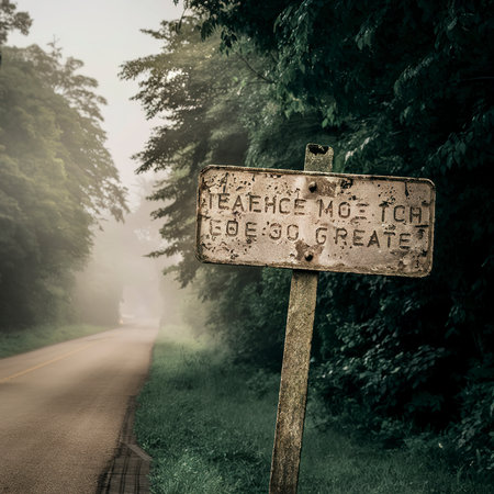 Passing place sign on a rural road in a misty dayの素材
