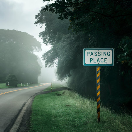 Passing place sign on a rural road in a misty dayの素材