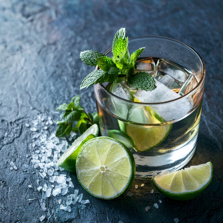 Tequila in a glass served with mint, limes and salt over dark texture backgroundの素材