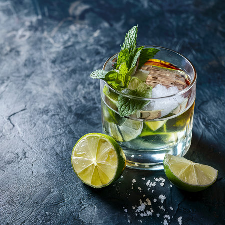 Tequila in a glass served with mint, limes and salt over dark texture backgroundの素材