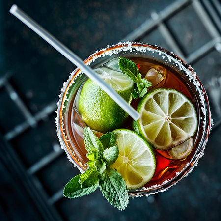 Tequila in a glass served with mint, limes and salt over dark texture backgroundの素材