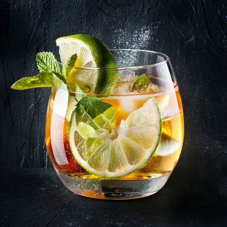 Tequila in a glass served with mint, limes and salt over dark texture backgroundの素材