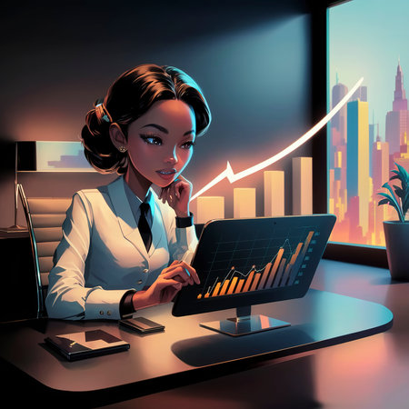 Young businesswoman using a tablet to check online product salesの素材