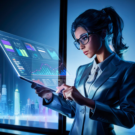 Young businesswoman using a tablet to check online product salesの素材