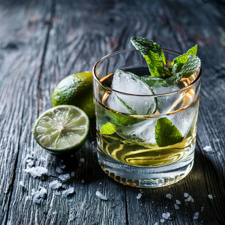 Tequila in a glass served with mint, limes and salt over dark texture backgroundの素材