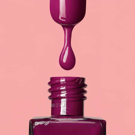The close up of a nail polish bottle and drop on white backgroundの素材