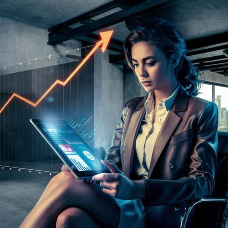 Young businesswoman using a tablet to check online product salesの素材
