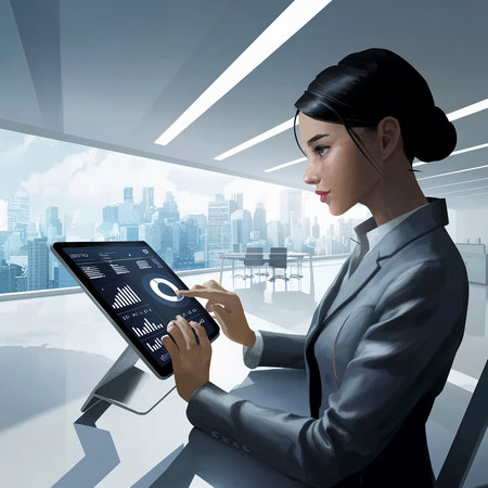 Young businesswoman using a tablet to check online product salesの素材
