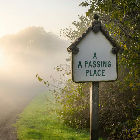 Passing place sign on a rural road in a misty dayの素材