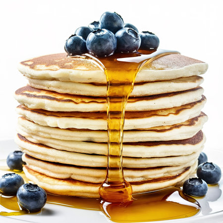 A stack of plain pancakes served with honey and blueberry over a white background.の素材