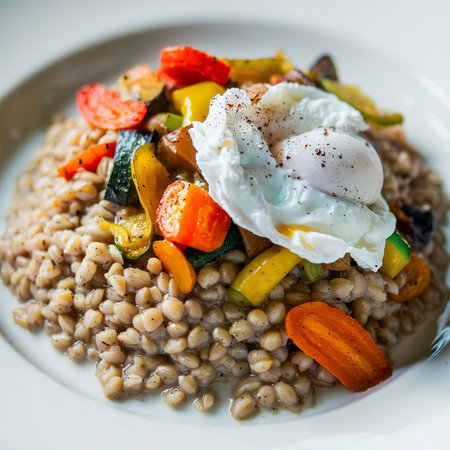 Barley groats with roasted vegetable and poached eggの素材