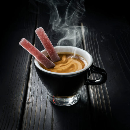 Cup of espresso coffee served with rock candy sticks over dark wooden backgroundの素材