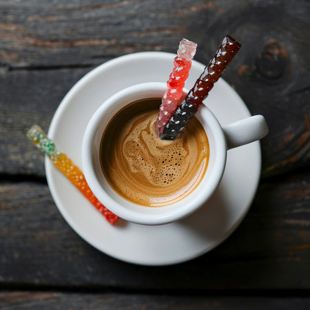 Cup of espresso coffee served with rock candy sticks over dark wooden backgroundの素材
