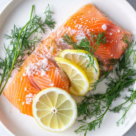 Fresh fish salmon with salt, dill and lemonの素材
