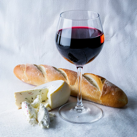 Glass of red wine served with cheese camembert and french baguette over white texture backgroundの素材