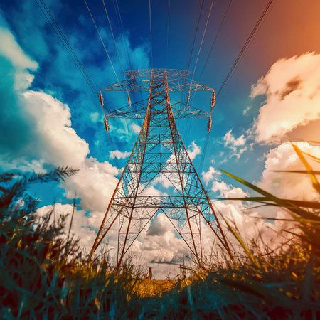 Image of an electricity pylon from the ground perspective in front of a blue skyの素材