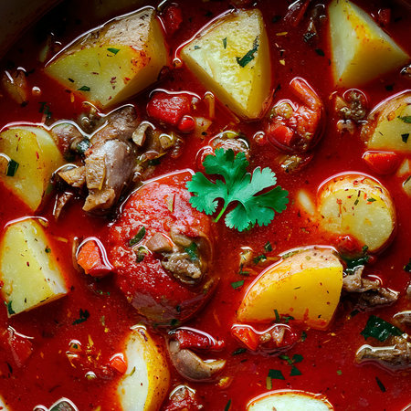 Red tomato soup with herbs, potatoes and meat. Eastern cuisine