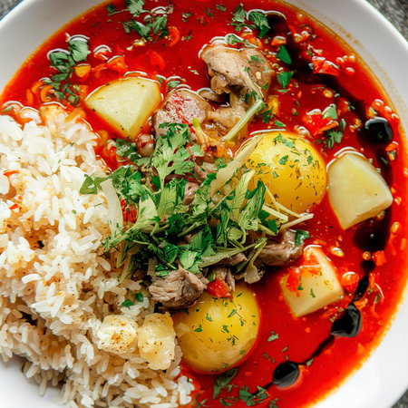 Red tomato soup with herbs, potatoes and meat. Eastern cuisineの素材