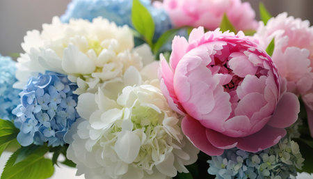 Bouquet of flowers close-up. Joyful mood, a gift from a loved one. Summer flowers. Peonies, hydrangea and otherの素材