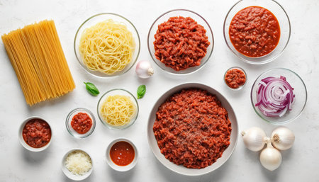 Ingredients for making spaghetti bolognese minced meat onions and tomato sauce over white texture backgroundの素材