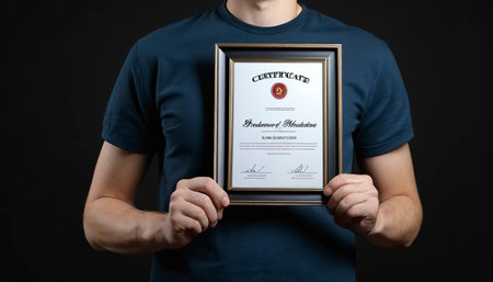 A blank diploma or a mockup certificate in the hand of a man employee wearing shirt on black backgroundの素材