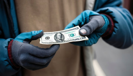 A dollar in the hands of a homeless man in gloves. Poverty, hunger, unemployment. Close upの素材