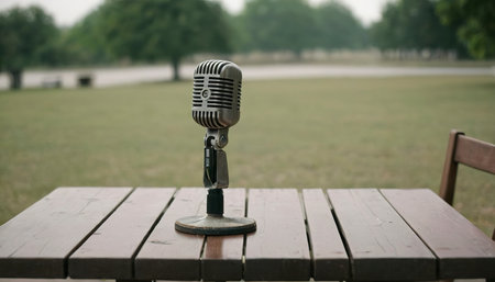 An old microphone on an outdoor table is used for announcements for outside informationの素材