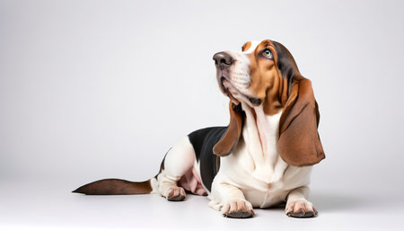Cute Basset dog sitting and looking up, isolated on whiteの素材