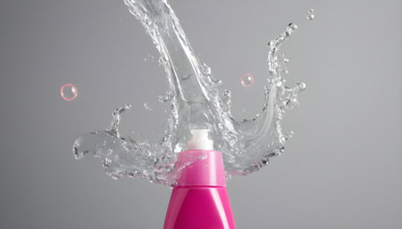 Bottle of shampoo splashing water and bubblesの素材