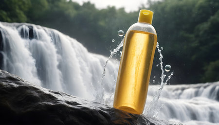 Bottle of shampoo splashing water and bubblesの素材