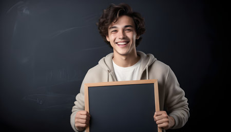 happy man smiling while holding at blank chalkboard black background.の素材