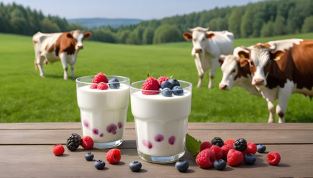 Homemade sweet yogurt with berries in a glass on green field with cows backgroundの素材