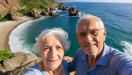 old couple tourist traveler makes selfie with beautiful rocks cliffs stones boulders and huge big surfer waves and natural panorama view on the beachの素材