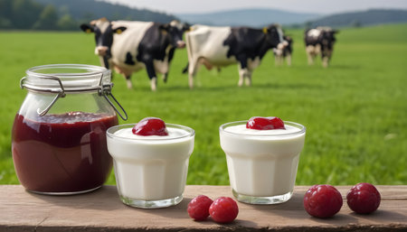 homemade yogurt in a glass and with jam on green field with cows backgroundの素材