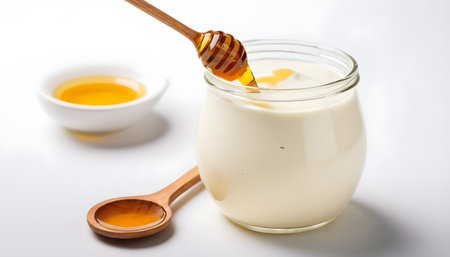 homemade yogurt with honey in a glass isolated on a white background.の素材