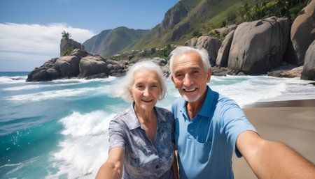 old couple tourist traveler makes selfie with beautiful rocks cliffs stones boulders and huge big surfer waves and natural panorama view on the beachの素材